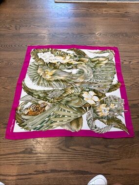 Salvatore Ferragamo Tropical Leaf Silk Scarf with Magenta Border